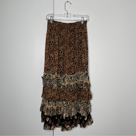 Vintage Dresses & Skirts - VINTAGE LEOPARD PRINT ANIMAL PRINT RUFFLE MAXI SKIRT SZ S/M